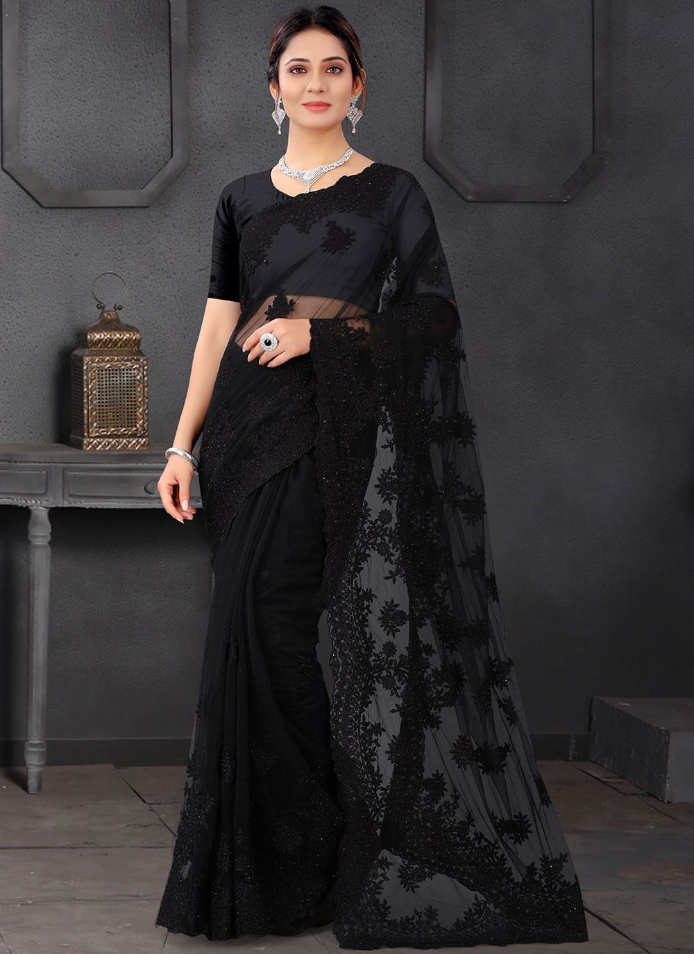 Shop Black Net Embroidered Trendy Saree Online : 201835 
