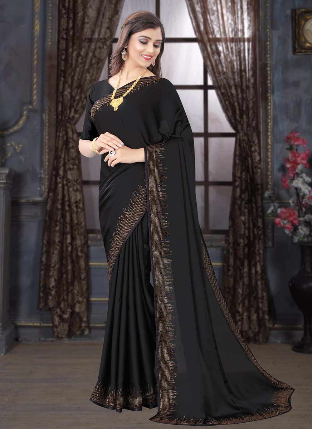 Buy Saree Stone Work Georgette in Black Online