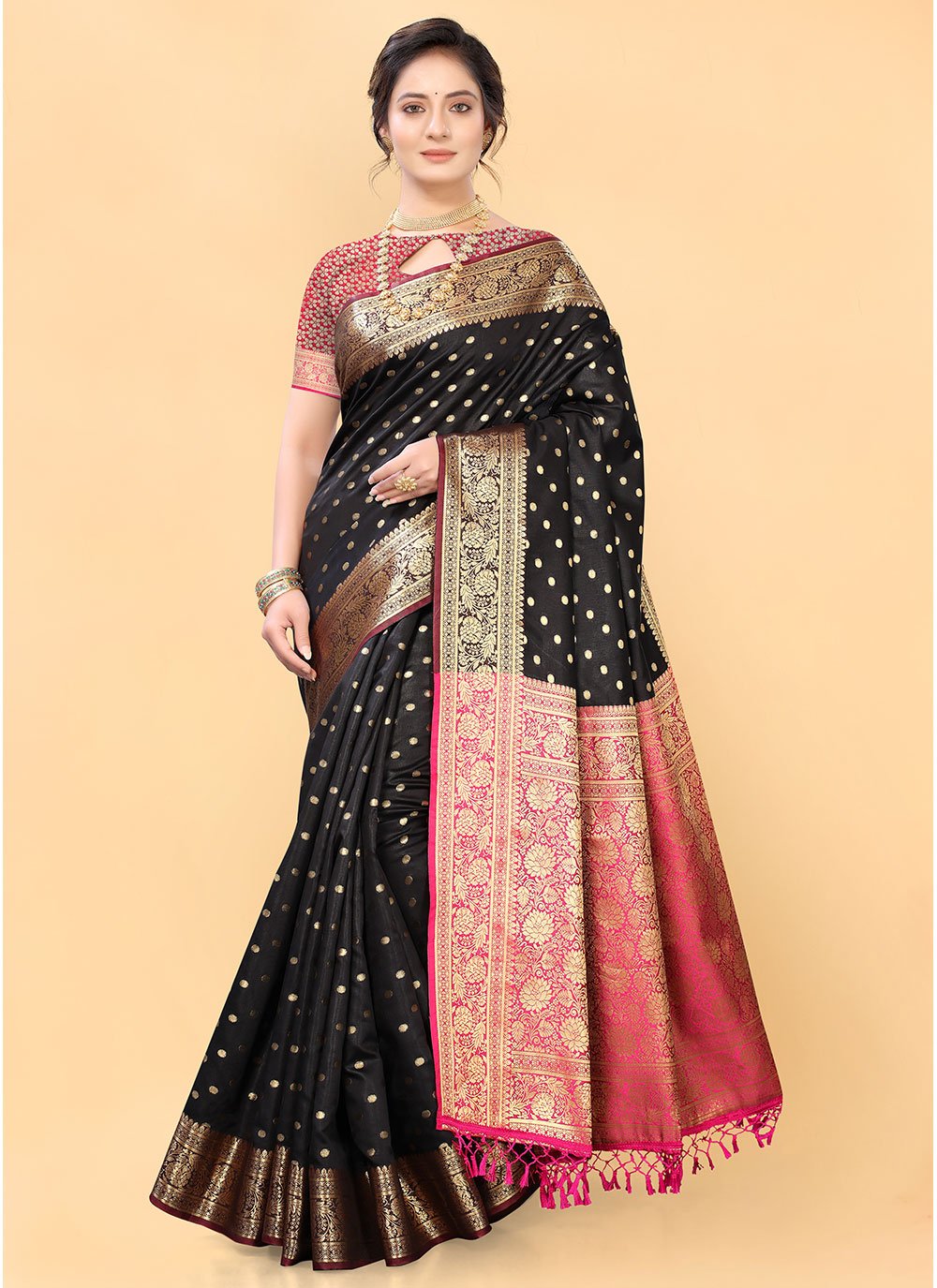 Black Woven Silk Traditional Designer Saree