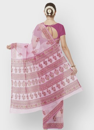 Blended Cotton Abstract Print Pink Printed Saree