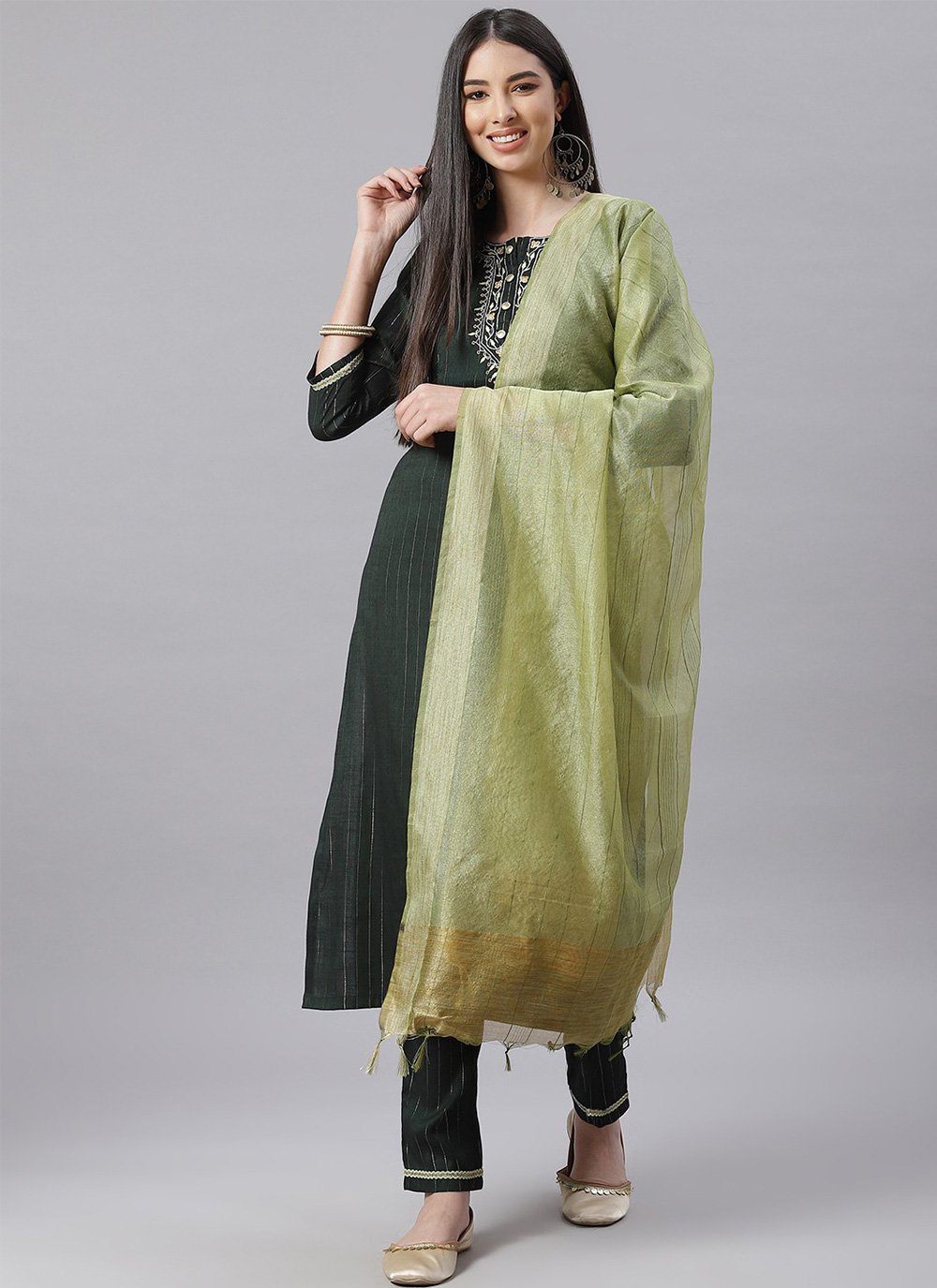 Blended Cotton Embroidered Green Pant Style Suit