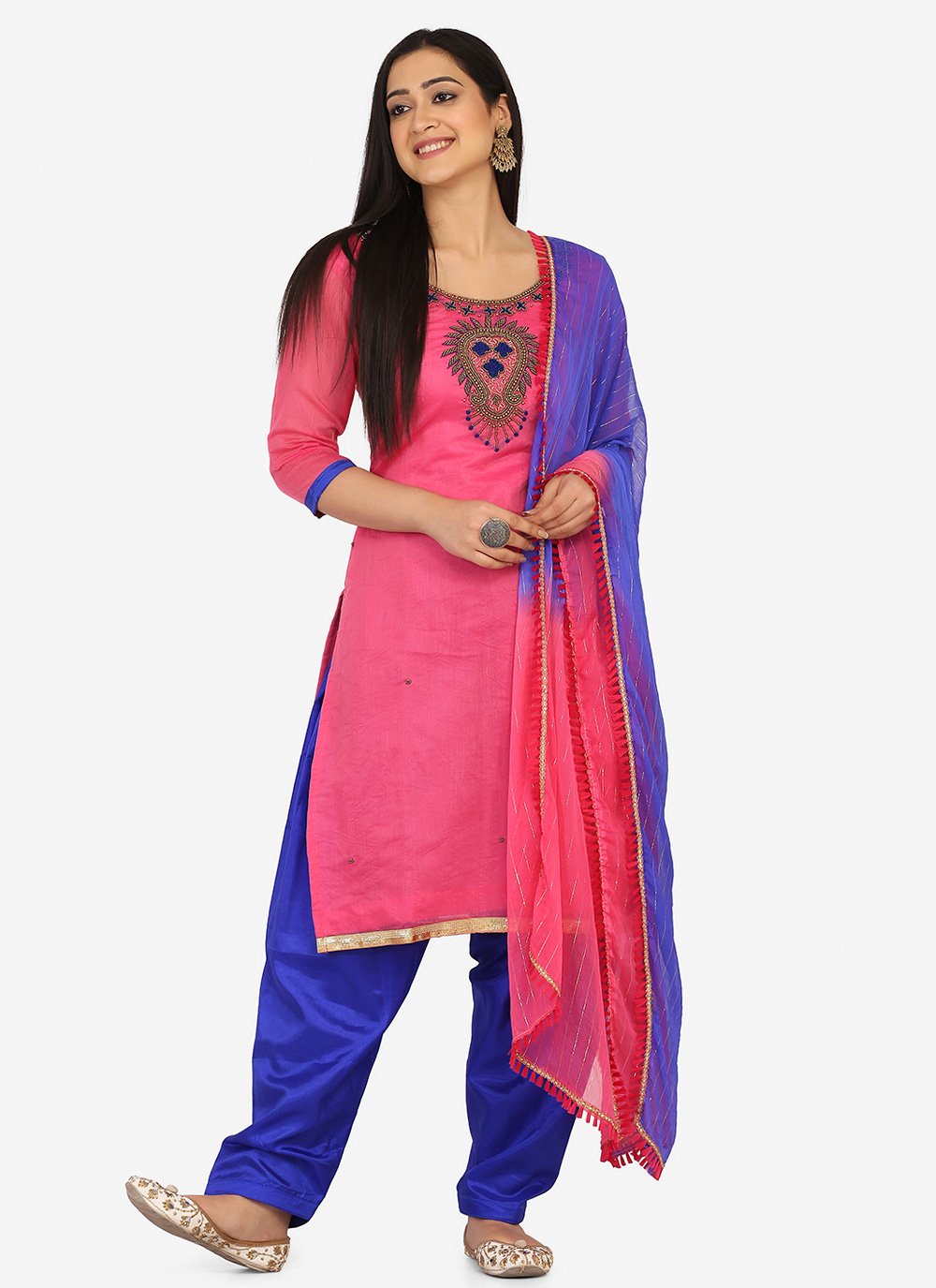 Blended Cotton Pink Embroidered Patiala Suit