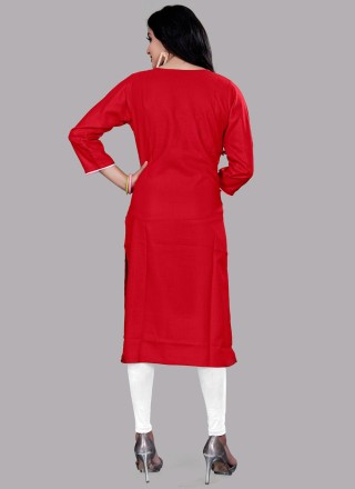 Blended Cotton Red Embroidered Party Wear Kurti