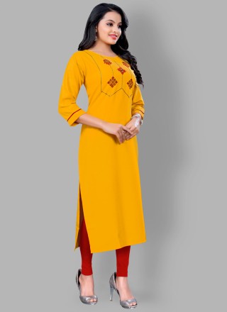 Blended Cotton Yellow Embroidered Party Wear Kurti