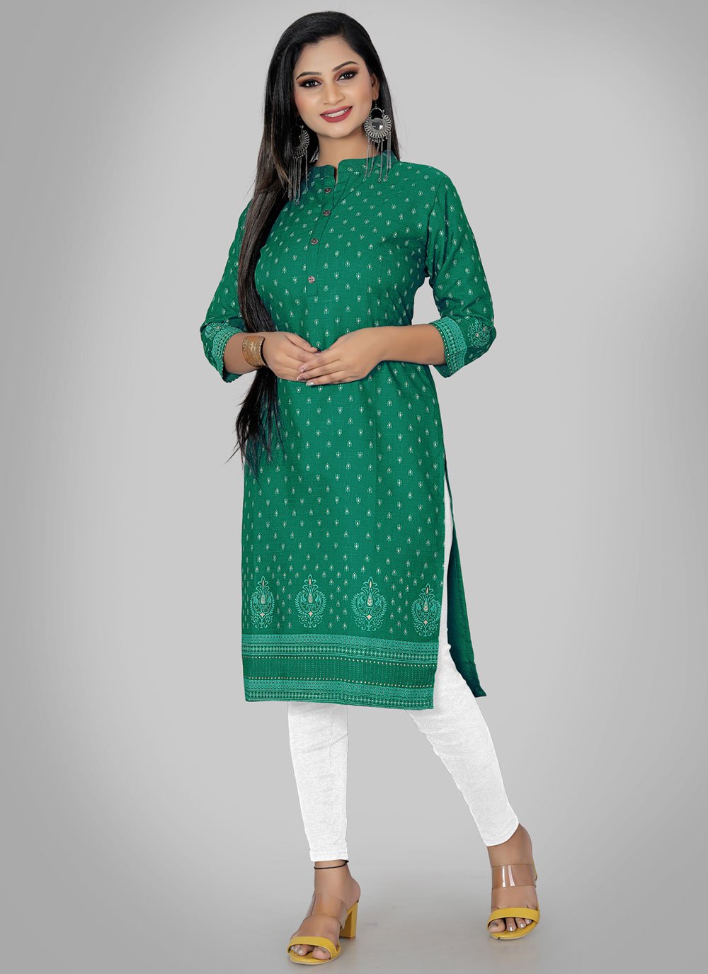 Block Print Blended Cotton Party Wear Kurti in Green