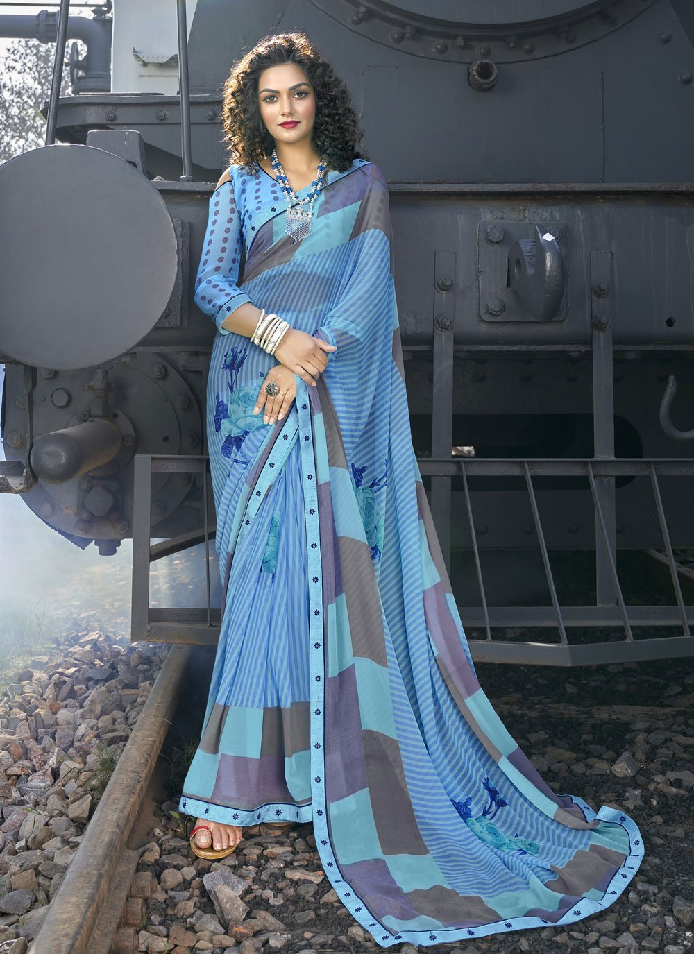 Blue Abstract Print Faux Georgette Casual Saree