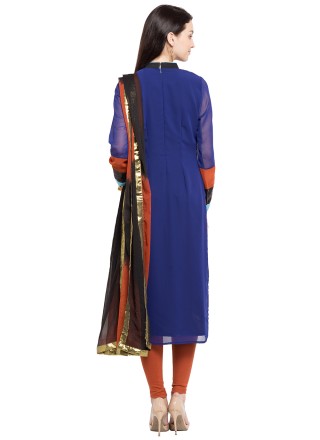 Blue and Brown Embroidered Faux Georgette Readymade Churidar Salwar Kameez