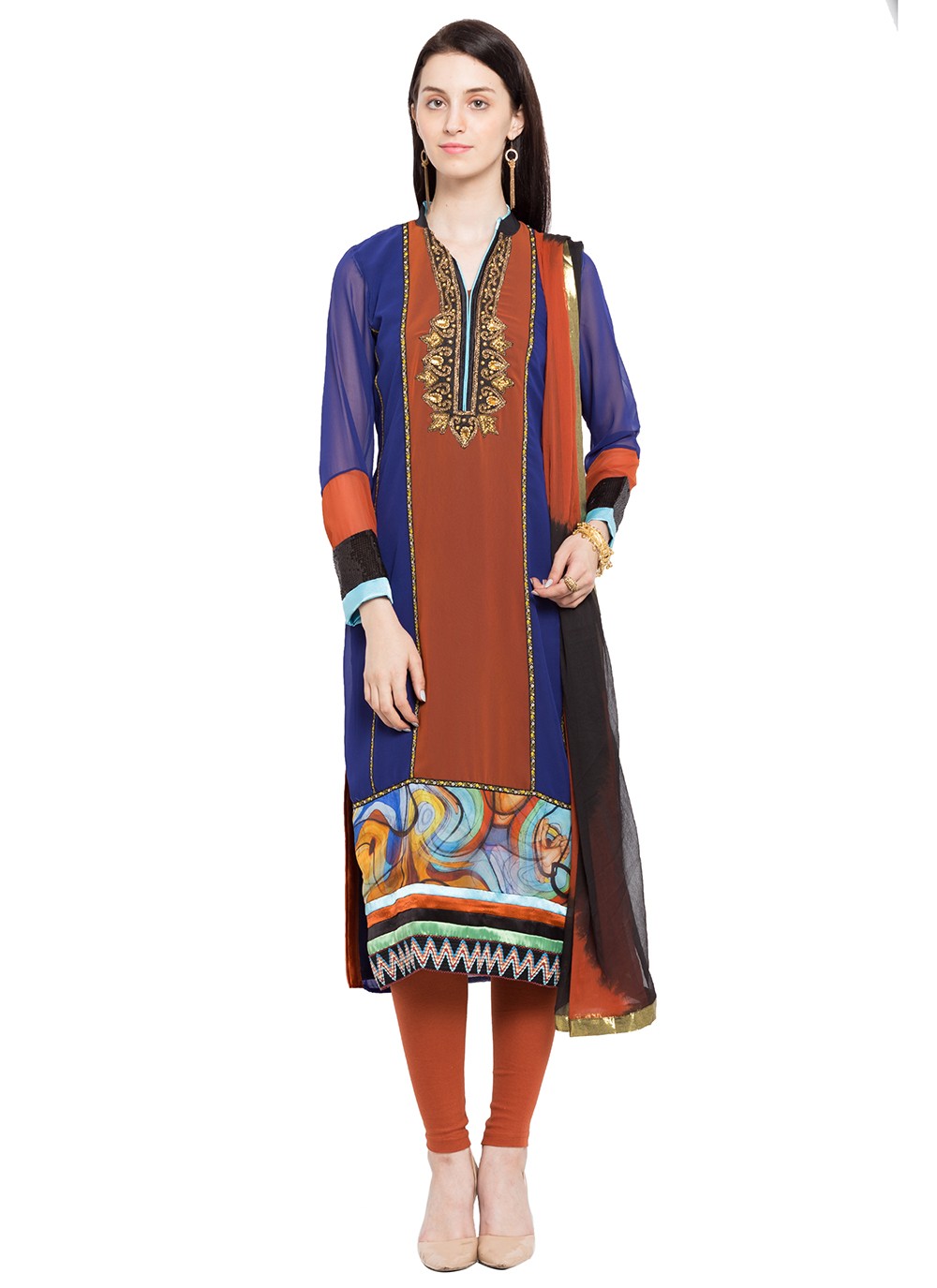 Blue and Brown Embroidered Faux Georgette Readymade Churidar Salwar Kameez