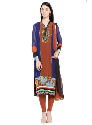 Blue and Brown Embroidered Faux Georgette Readymade Churidar Salwar Kameez