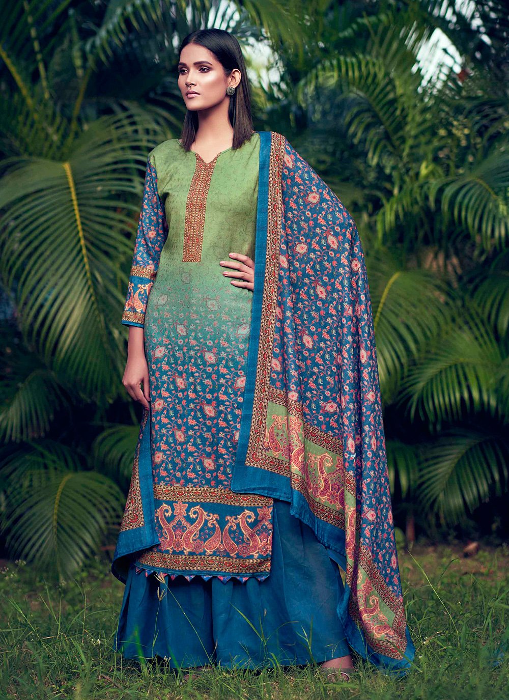 Blue and Green Pashmina Designer Palazzo Salwar Suit