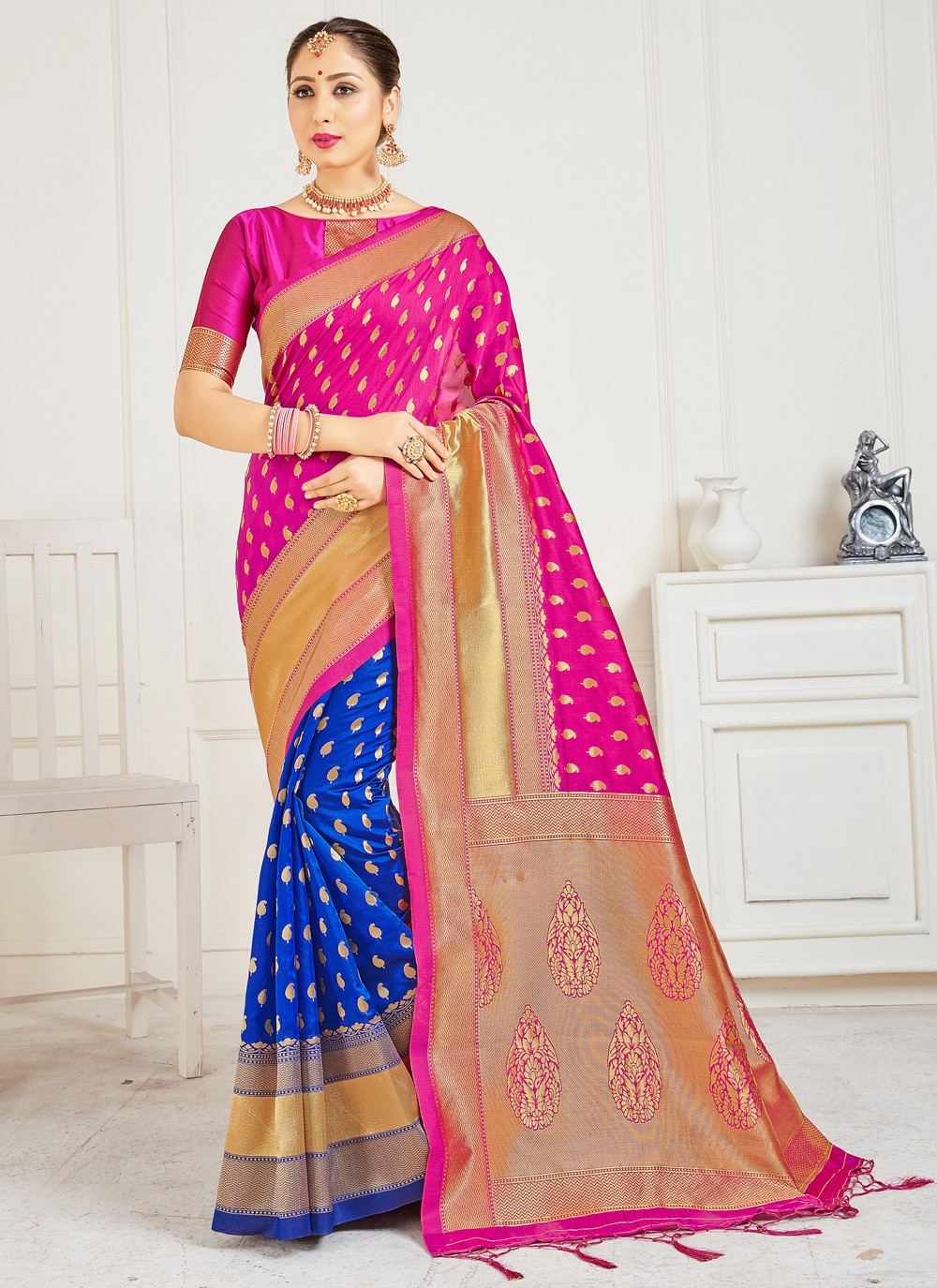 Buy Blue and Hot Pink Art Banarasi Silk Woven Designer Half N Half Saree : 178916 -