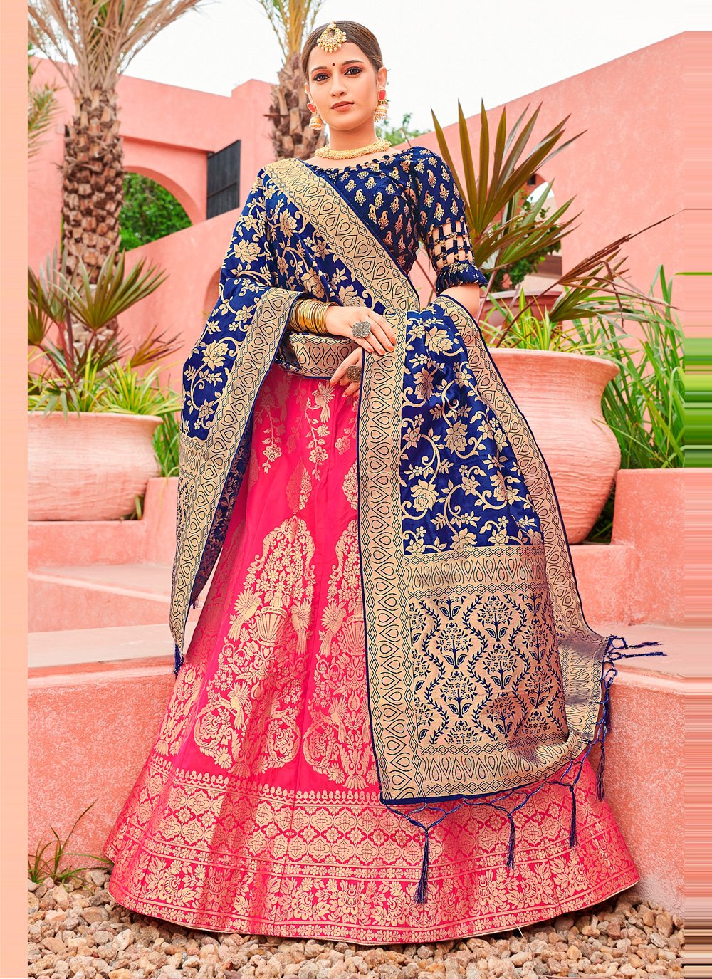 Buy LEHENGA CHOLI- PINK LEHENGA CHOLI WITH DUPATTA- Introducing our  exquisite Silk Pink Lehenga with a Navy Blue Design Touch, perfect for a  bride-to-be on her special day. at Amazon.in