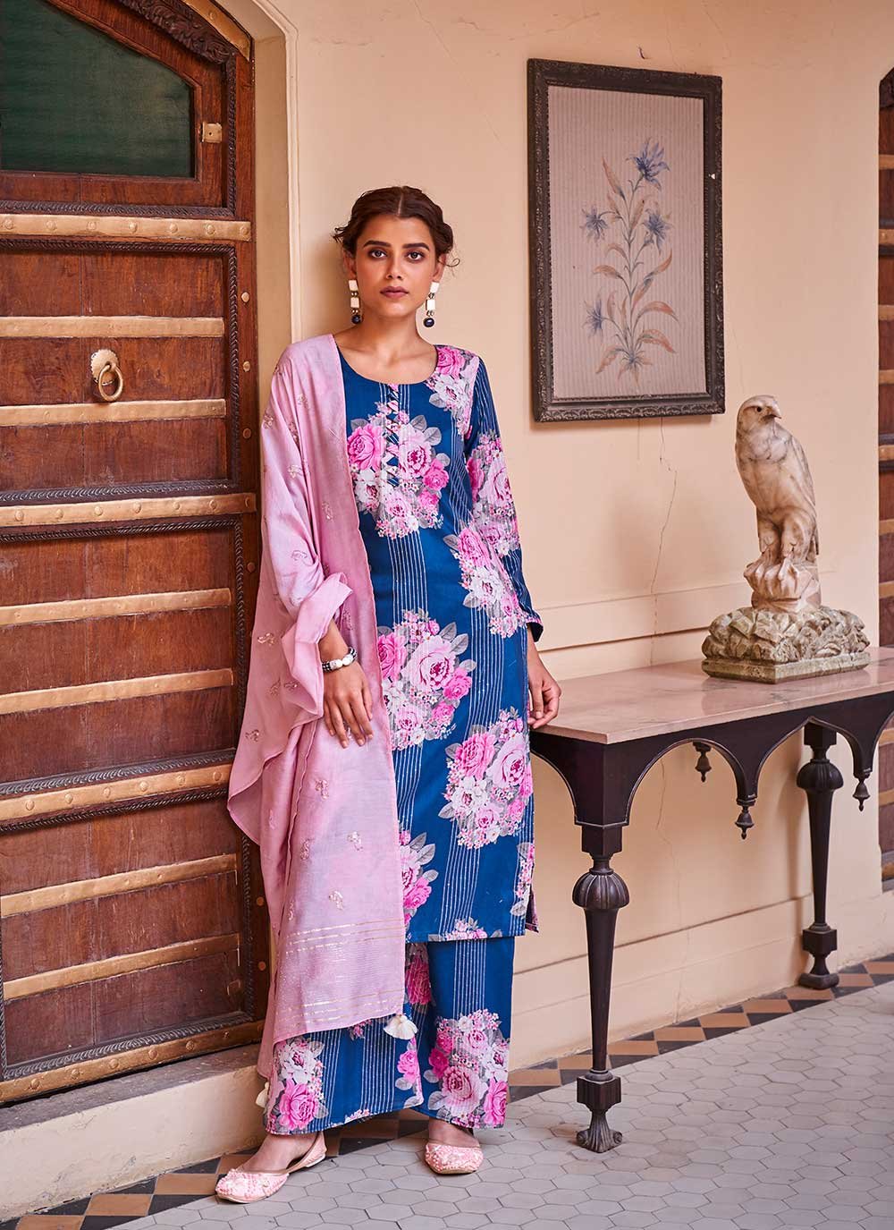 Blue and Pink Festival Designer Palazzo Suit