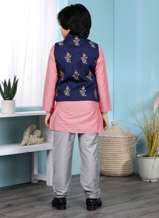 Blue and Pink Jacquard Work Work Cotton Silk Kurta Payjama With Jacket