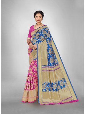 Blue and Pink Weaving Silk Saree