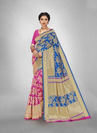 Blue and Pink Weaving Silk Saree
