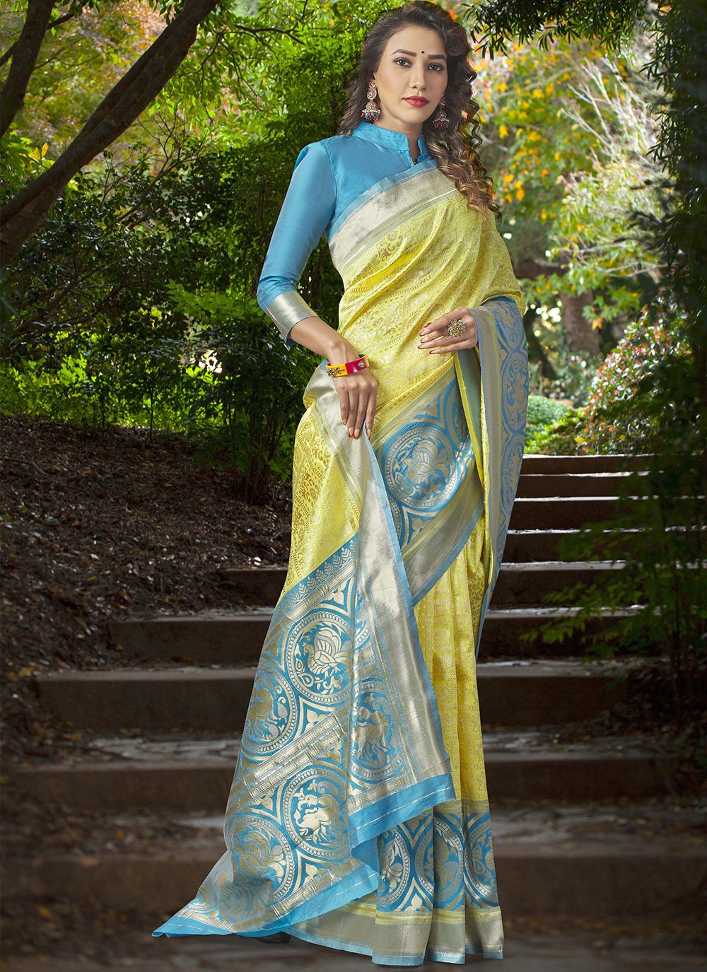 Mustard Yellow Blue Silk Saree | Blue silk saree, Bridal silk saree, Saree