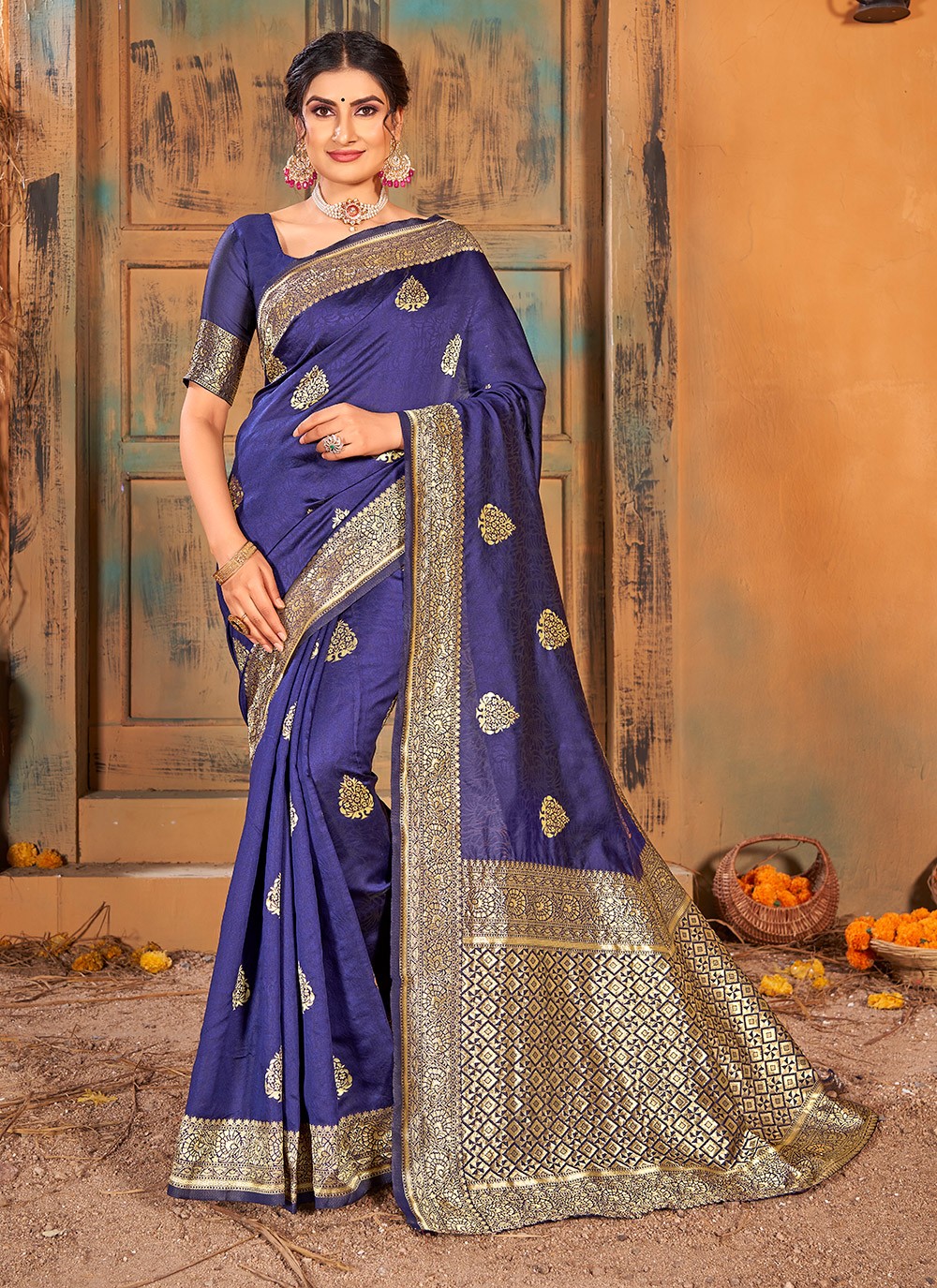 Blue Banarasi Silk Mehndi Classic Saree