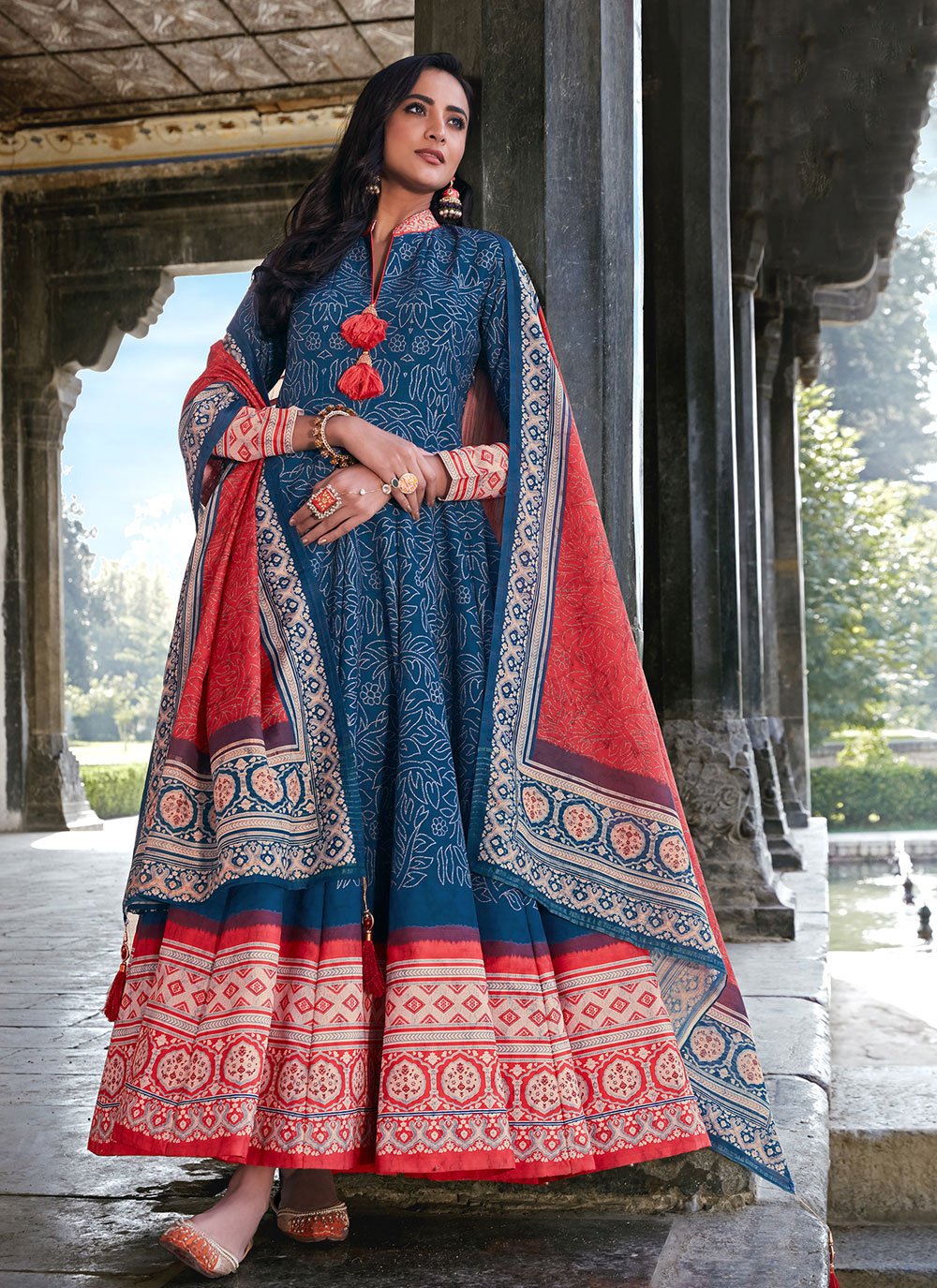 Blue Digital Print Silk Readymade Anarkali Suit
