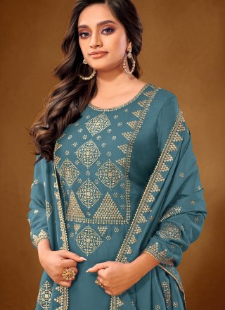 Blue Embroidered Cotton Lawn Designer Pakistani Suit