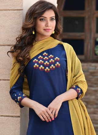 Blue Embroidered Cotton Readymade Suit