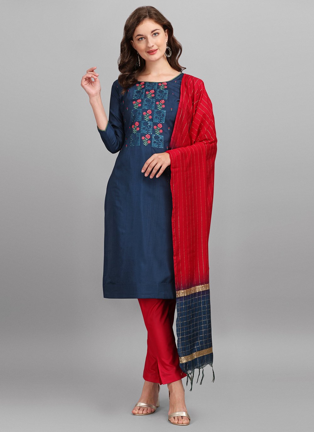 Blue Embroidered Cotton Silk Pant Style Suit