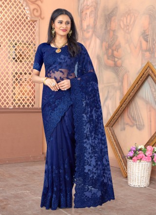 Blue Embroidered Designer Saree