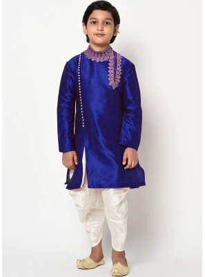 Blue Embroidered Dupion Silk Angrakha