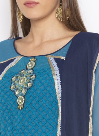 Blue Embroidered Georgette Designer Palazzo Salwar Kameez