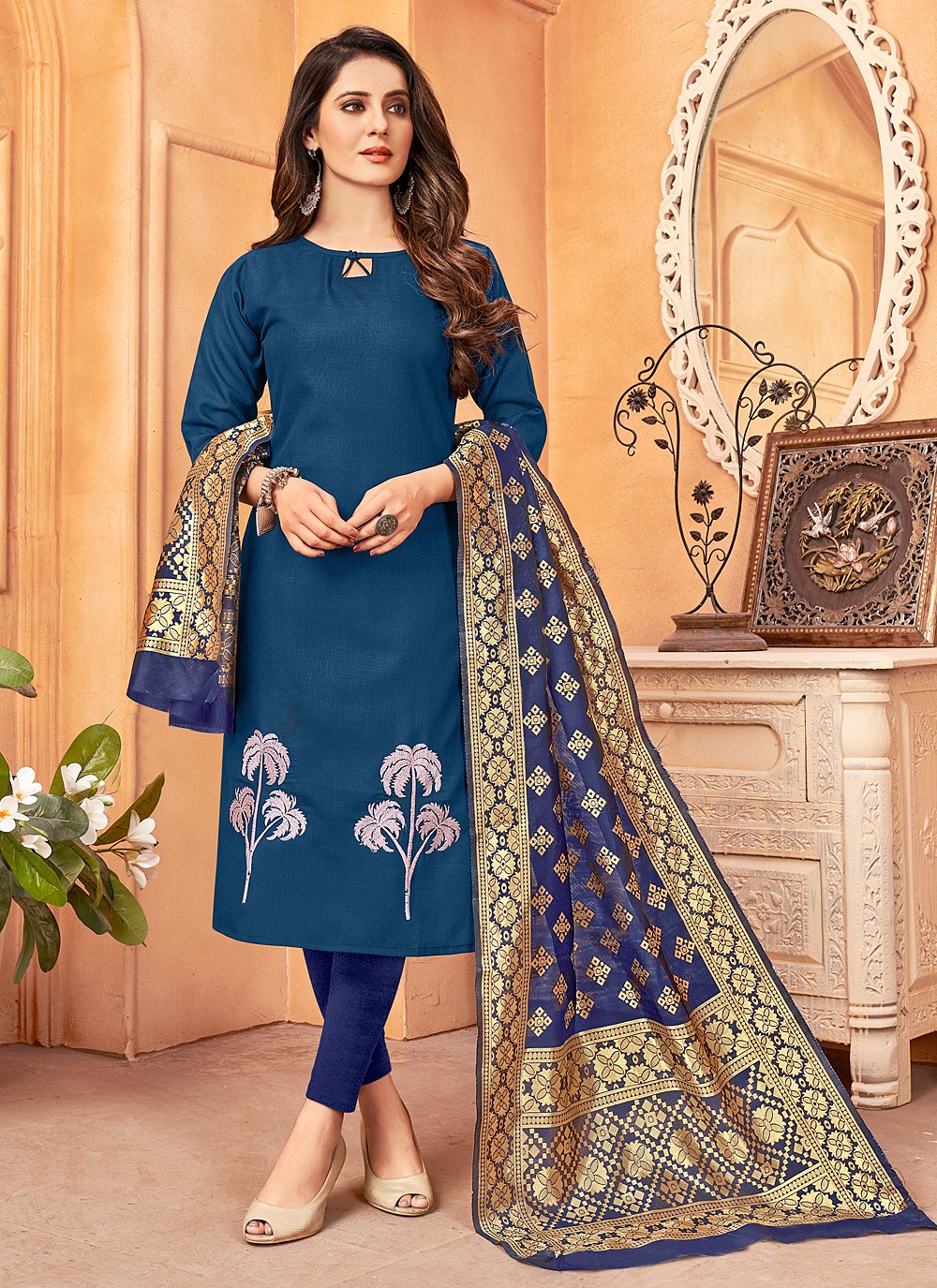 Blue Embroidered Handloom Cotton Pant Style Suit