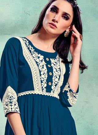 Blue Embroidered Party Wear Kurti