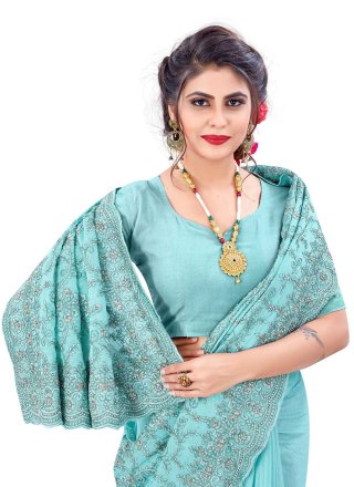 Blue Embroidered Sangeet Designer Saree