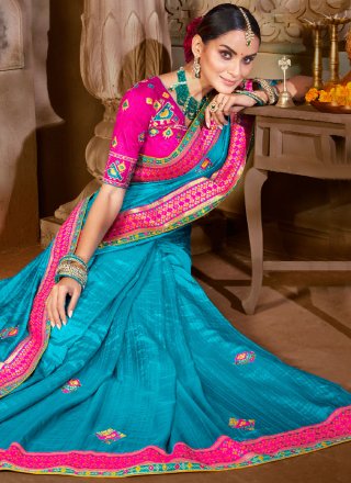 Blue Embroidered Silk Designer Traditional Saree