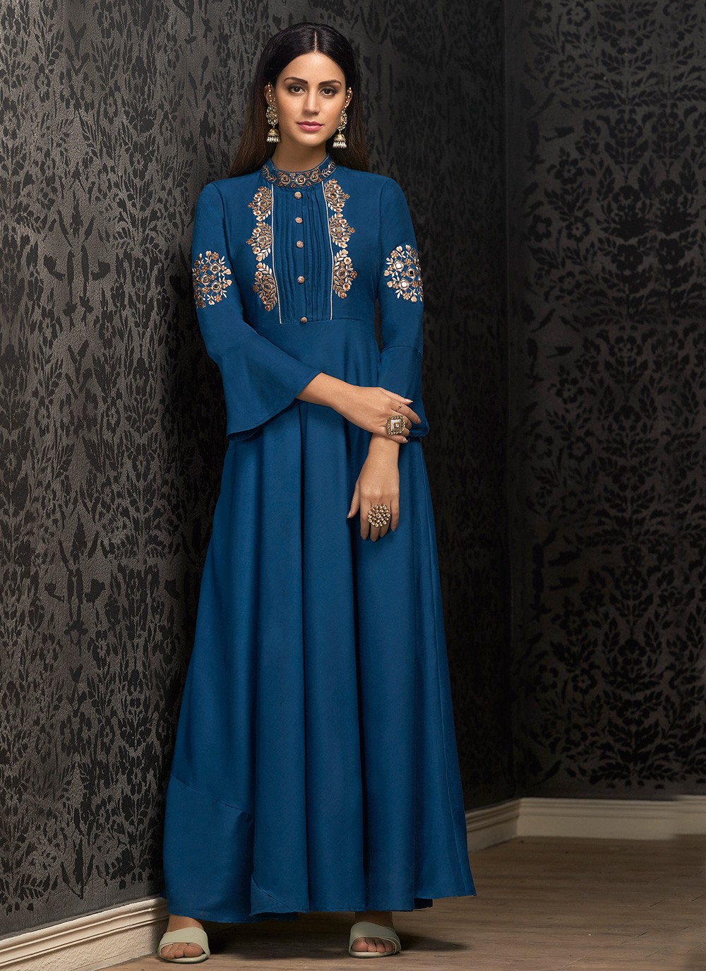 Blue Muslin Embroidered Designer Gown