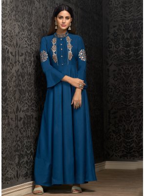 Blue Muslin Embroidered Designer Gown