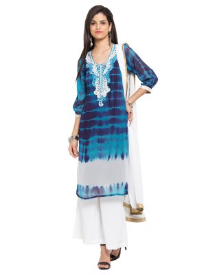 Blue Patch Border Faux Georgette Readymade Salwar Kameez