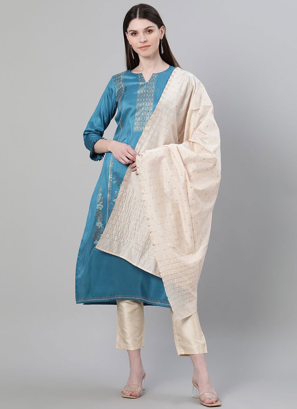 Blue Print Poly Silk Designer Salwar Kameez