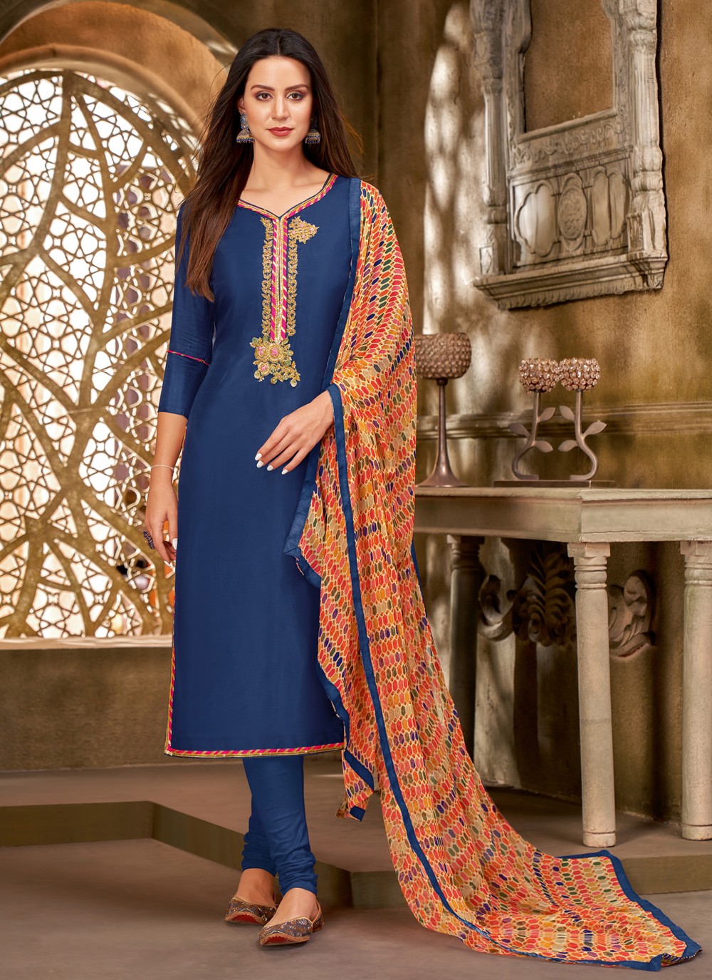 Blue Printed Chanderi Cotton Churidar Salwar Suit