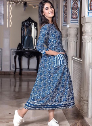 Blue Printed Designer Gown