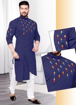 Blue Resham Cotton Kurta Pyjama