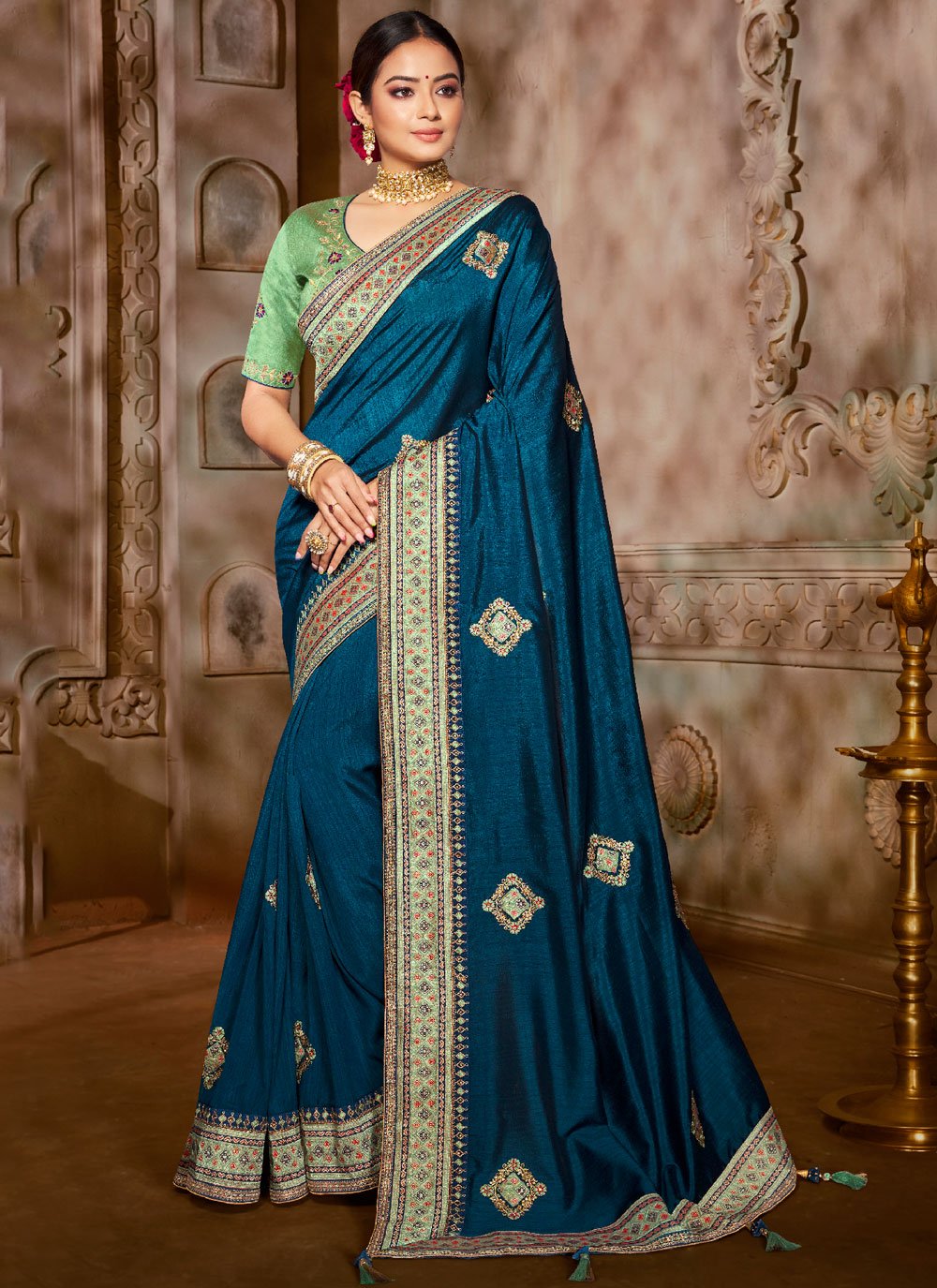 Blue Silk Mehndi Designer Traditional Saree