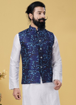 Blue Silk Printed Nehru Jackets