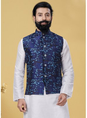 Blue Silk Printed Nehru Jackets