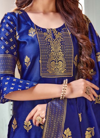 Blue Woven Art Banarasi Silk Pant Style Suit
