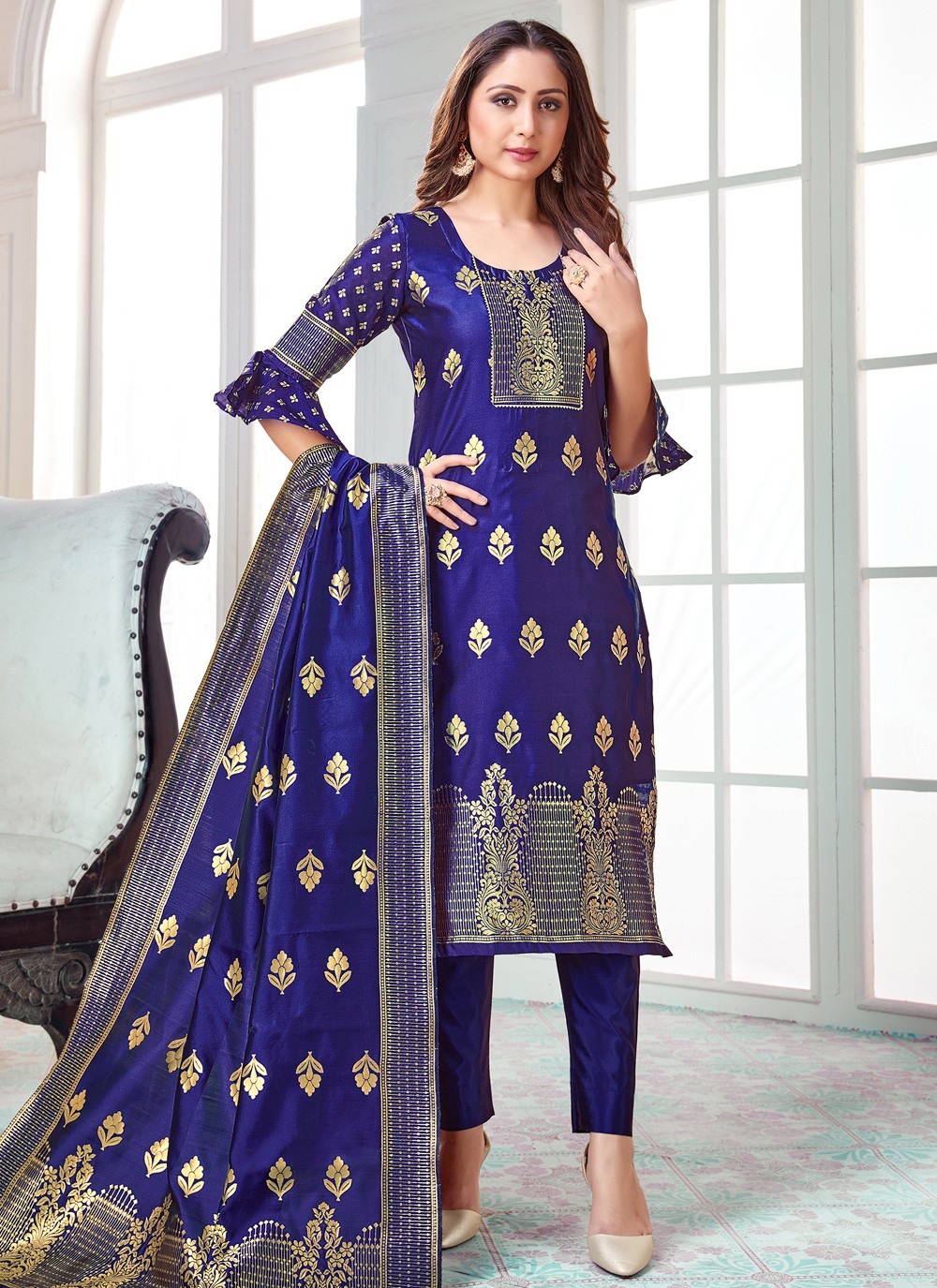 Fancy Banarasi Silk Embroidered Navy Blue With Palazzo Pants Suit –  Heritage India Fashions