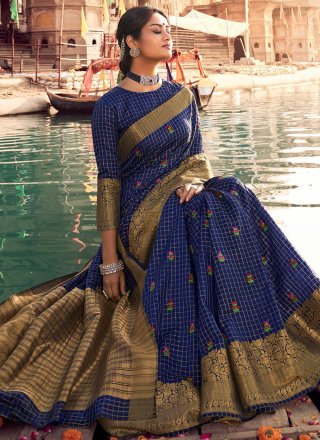 Blue Woven Silk Traditional Designer Saree