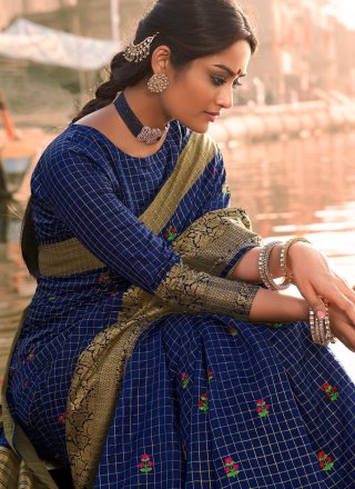 Blue Woven Silk Traditional Designer Saree