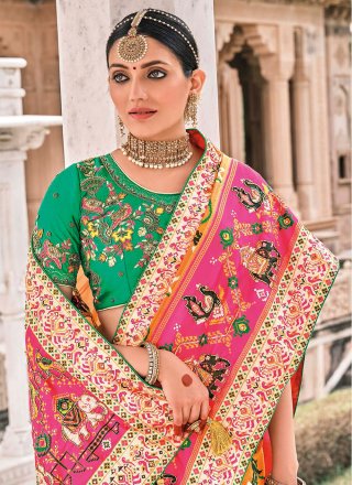 Bollywood Saree Patch Border Silk in Orange and Pink