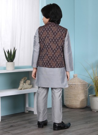 Brown and Grey Cotton Silk Jacquard Work Kurta Payjama With Jacket