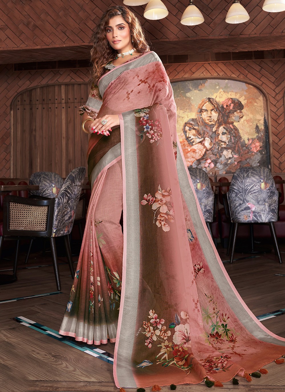 Brown and Pink Silk Ceremonial Shaded Saree
